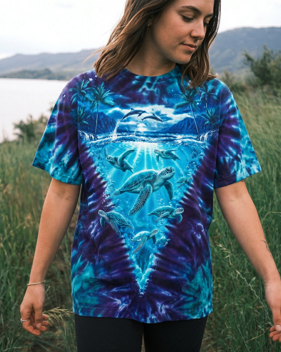 Turtle Moonlit Paradise Tie Dye T-Shirt Underwater Marine Life Clothing Gift For Mom