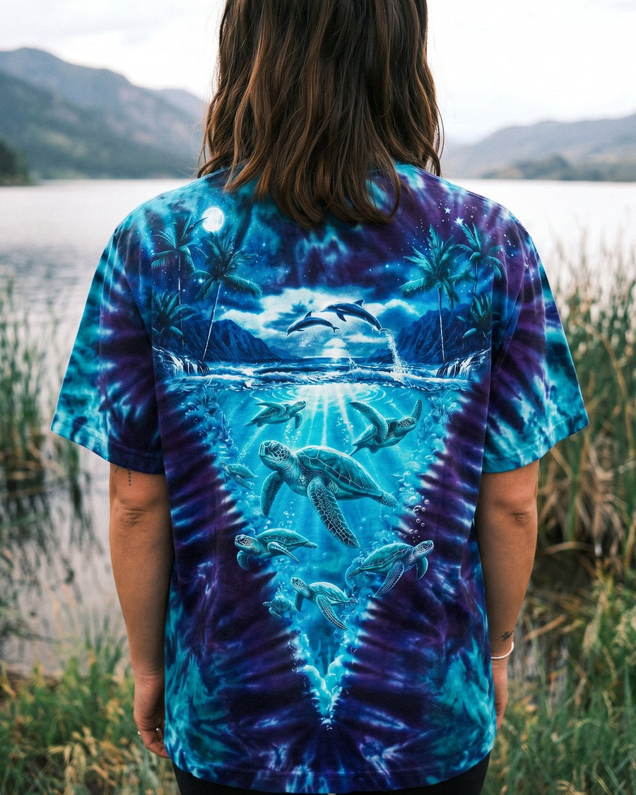 Turtle Moonlit Paradise Tie Dye T-Shirt Underwater Marine Life Clothing Gift For Mom - Image 2