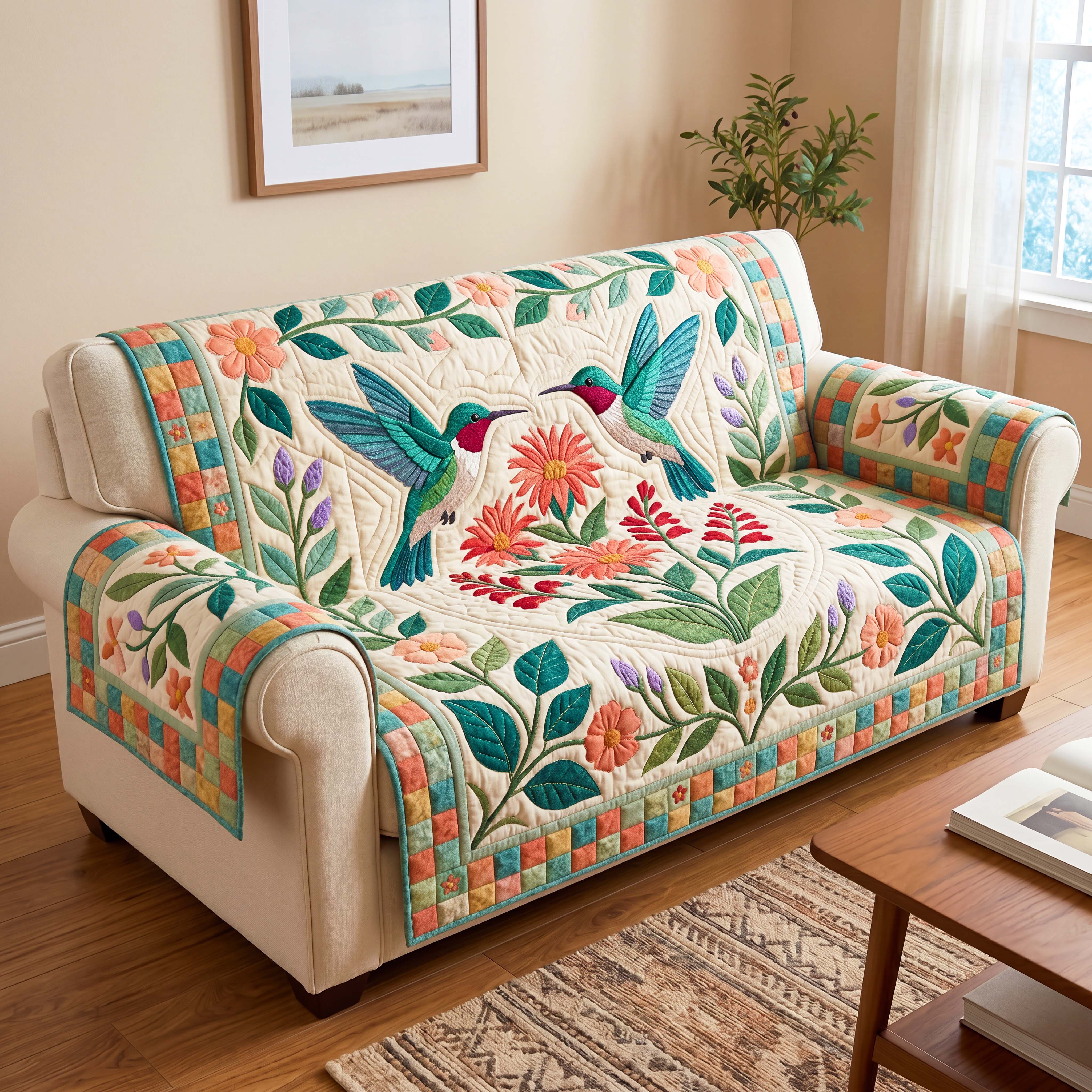 Twin Hummingbirds Quilted Sofa Cover Hummingbird Bloom Couch Cover Unique Gift