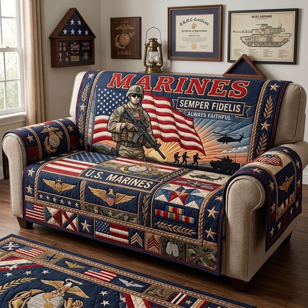 US Marines Quilted Sofa Cover Marine Tribute Couch Cover Perfect Housewarming Gift Ideas