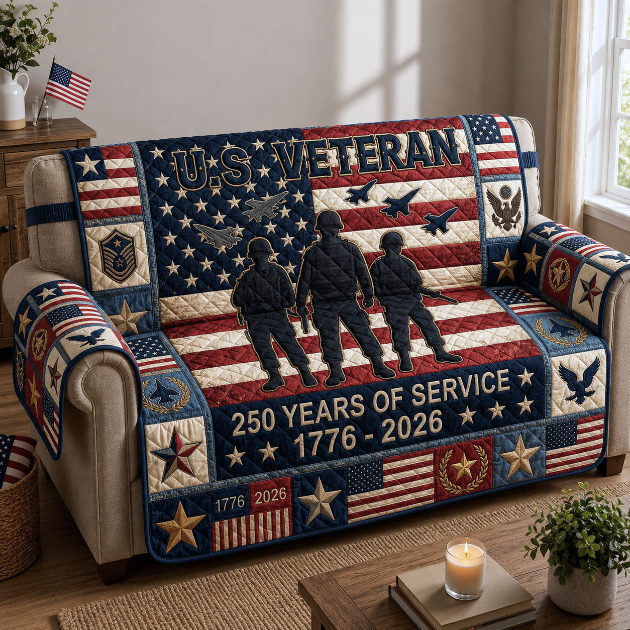 US Veteran Quilted Sofa Cover Patriot Veteran Couch Cover Home Decor Gift Ideas