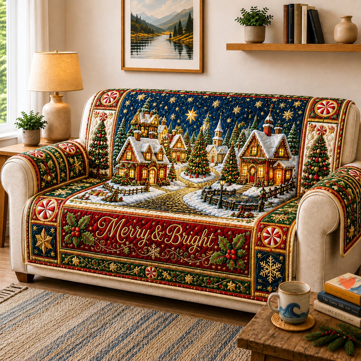 Village Lights Quilted Sofa Cover Village Glow Couch Cover Home Decor Gift