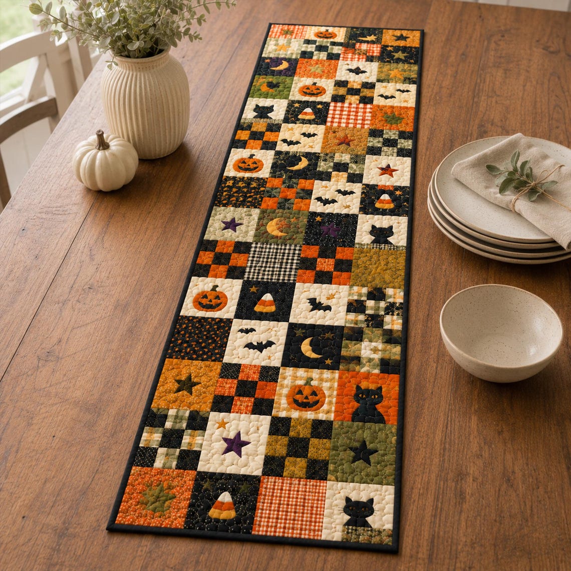 Vintage Halloween Patchwork Quilt Table Runner Pumpkin Black Cat Merch Gift For Fall
