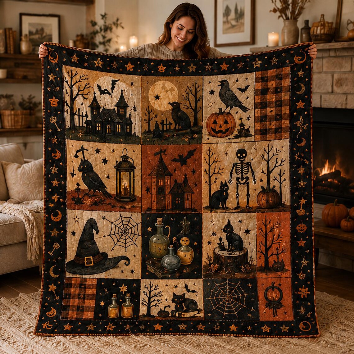 Vintage Halloween Quilted Blanket Ghost Pumpkin Black Cat Patchwork Throw Cozy Autumn Gift