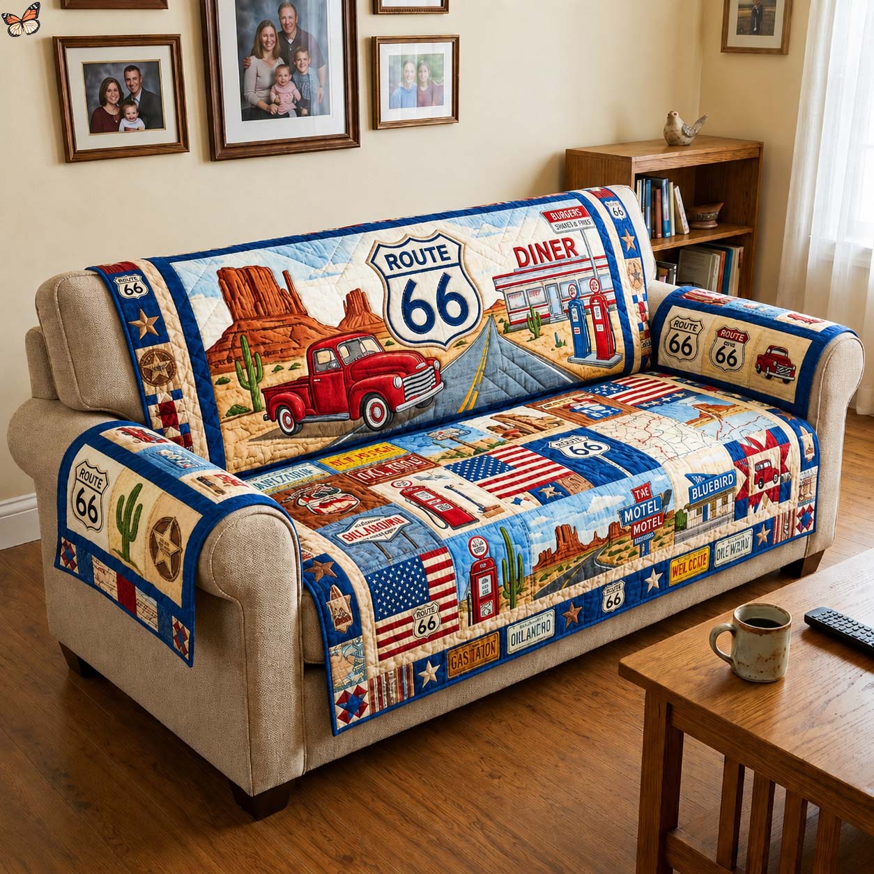 Vintage Route 66 Quilted Sofa Cover Vintage Route Couch Cover Room Gift