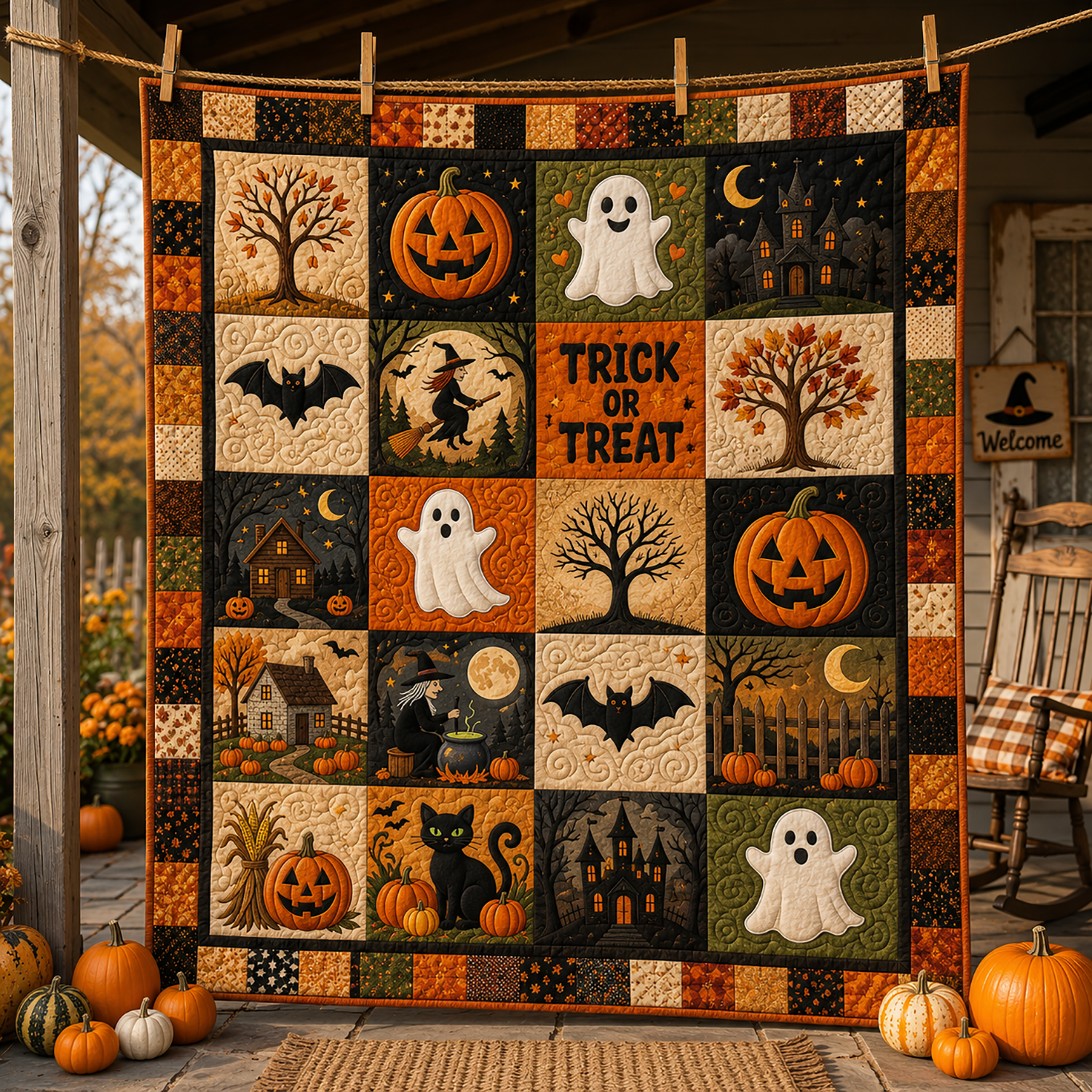 Vintage Trick Or Treat Halloween Quilt Blanket Spooky Pumpkin Ghost Cat Throw Halloween Gift