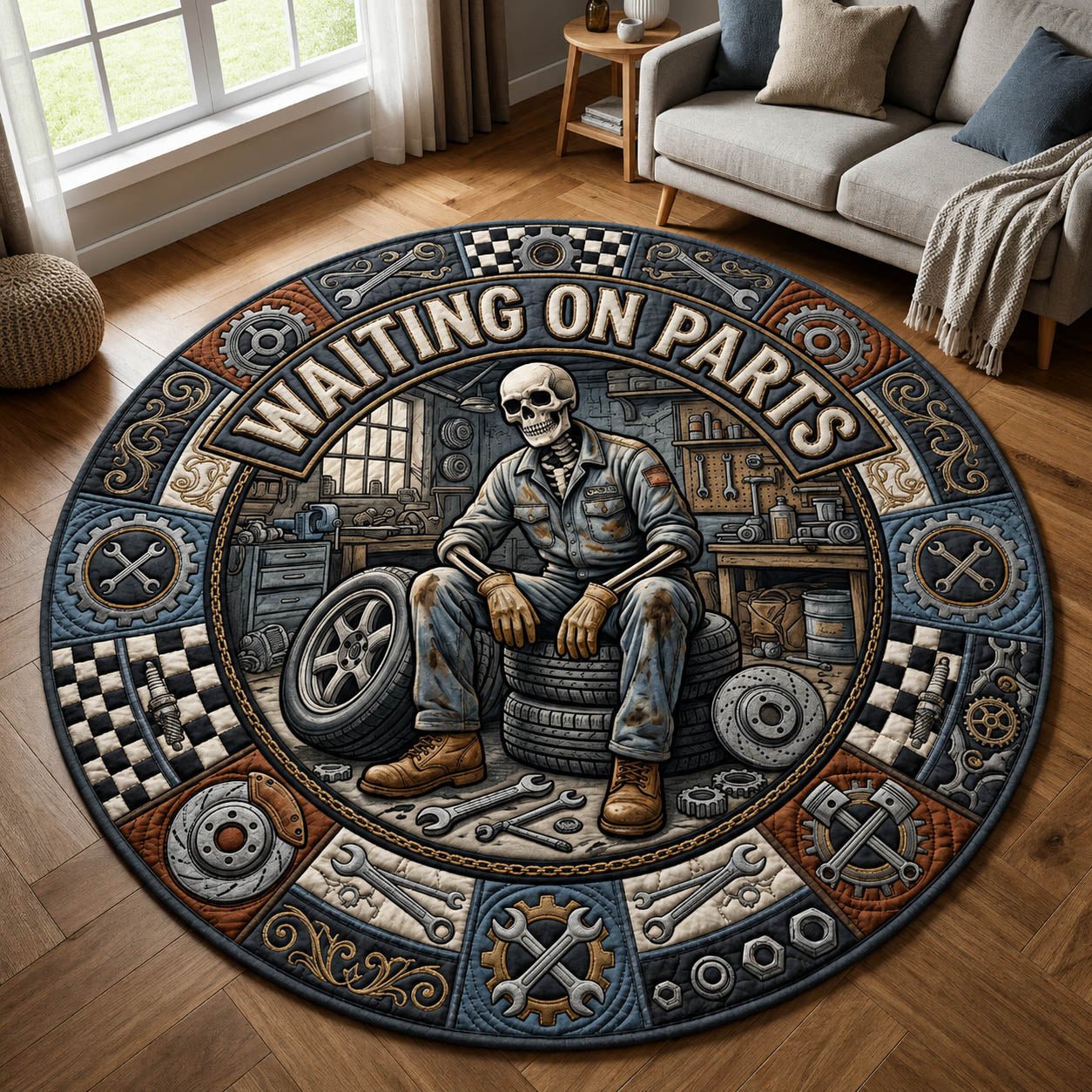 Waiting On Parts Skeleton Halloween Quilted Round Mat Skeleton Mechanic Waiting Merch