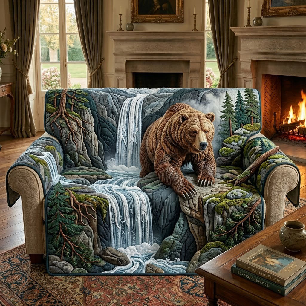 Waterfall Bear Quilted Sofa Cover Mountain Bear Couch Cover Gifts For Room Decor