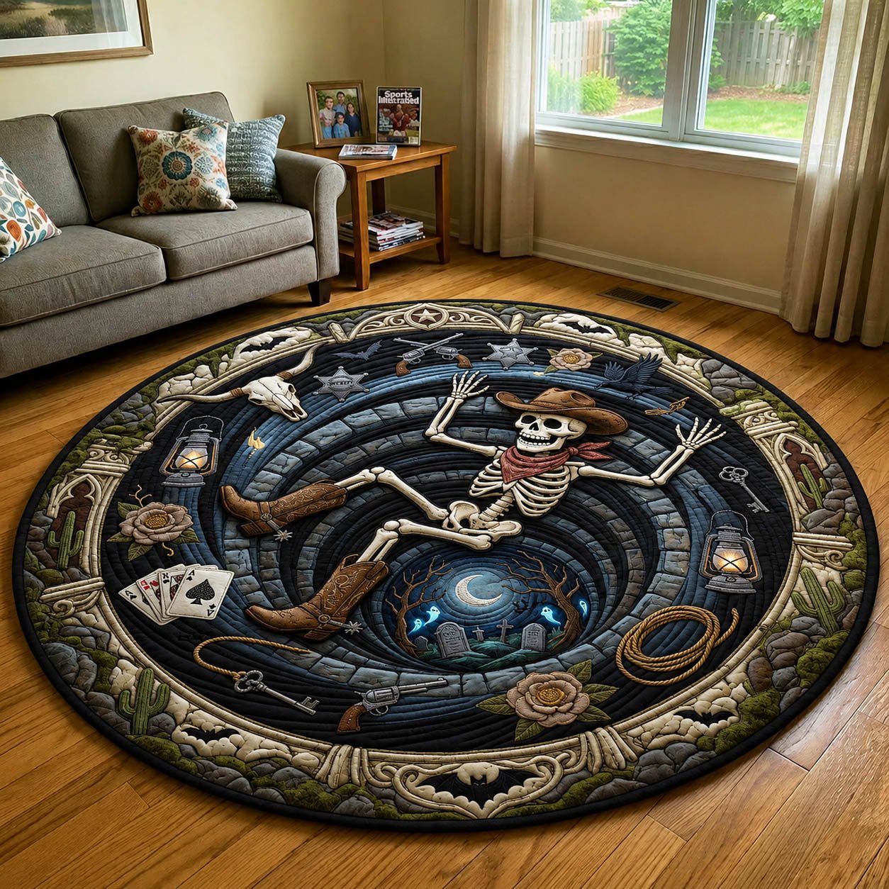 Western Skeleton Falling Halloween Quilted Round Mat Cowboy Skeleton Spiral Merch