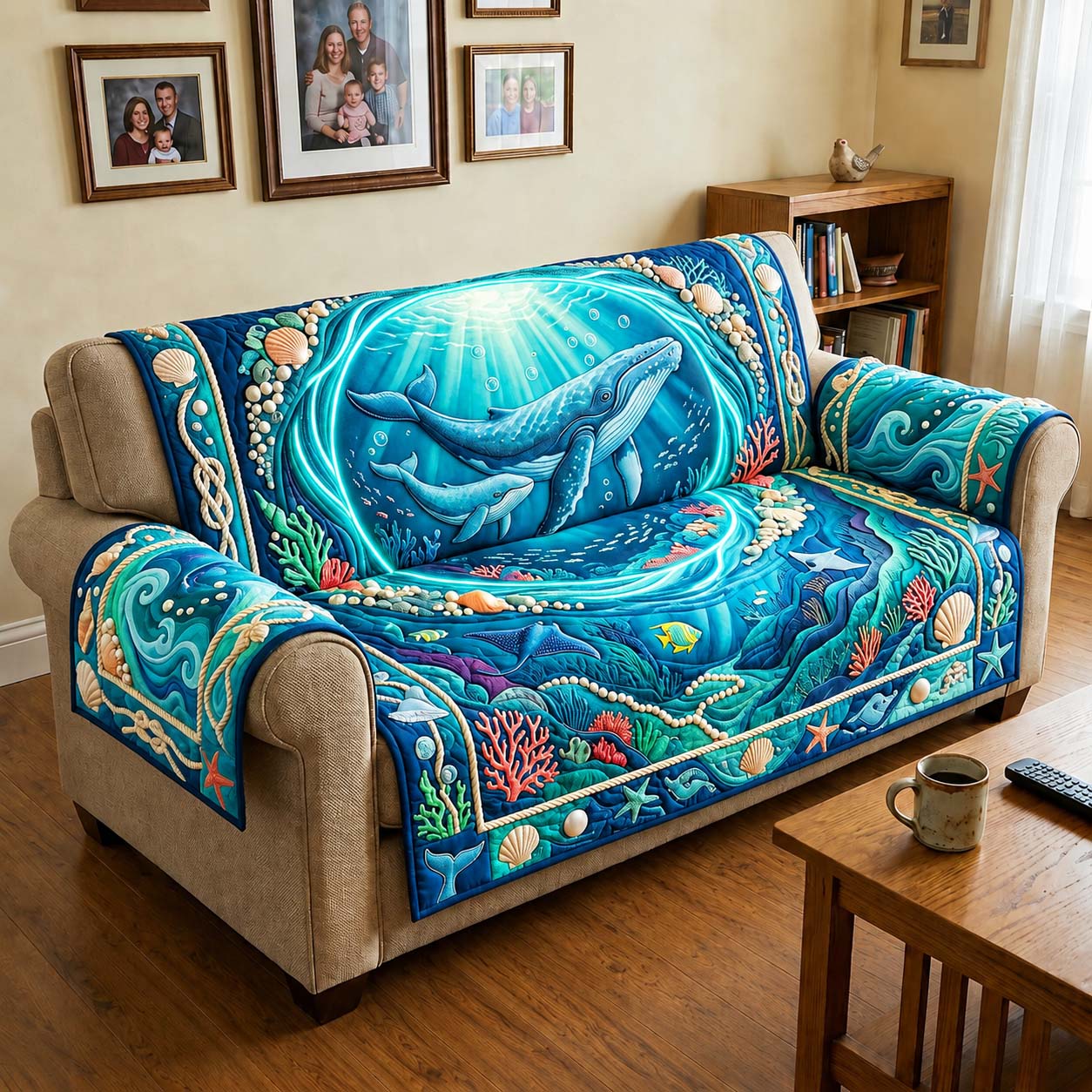 Whale Portal Quilted Sofa Cover Whale Ocean Couch Cover Trendy Room Decor