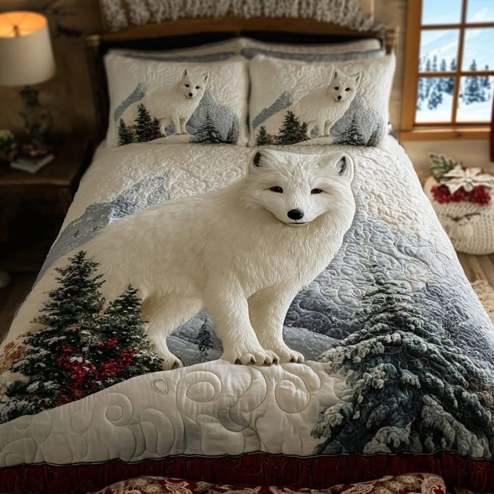 White Fox Winter Christmas Quilted Bedding Set Duvet Cover Xmas Holiday Fox Themed Gifts