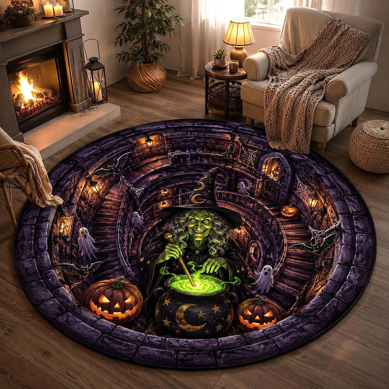 Wicked Witch Quilted Round Mat Witch And Pumpkin Round Rug Spooky Gifts For Him