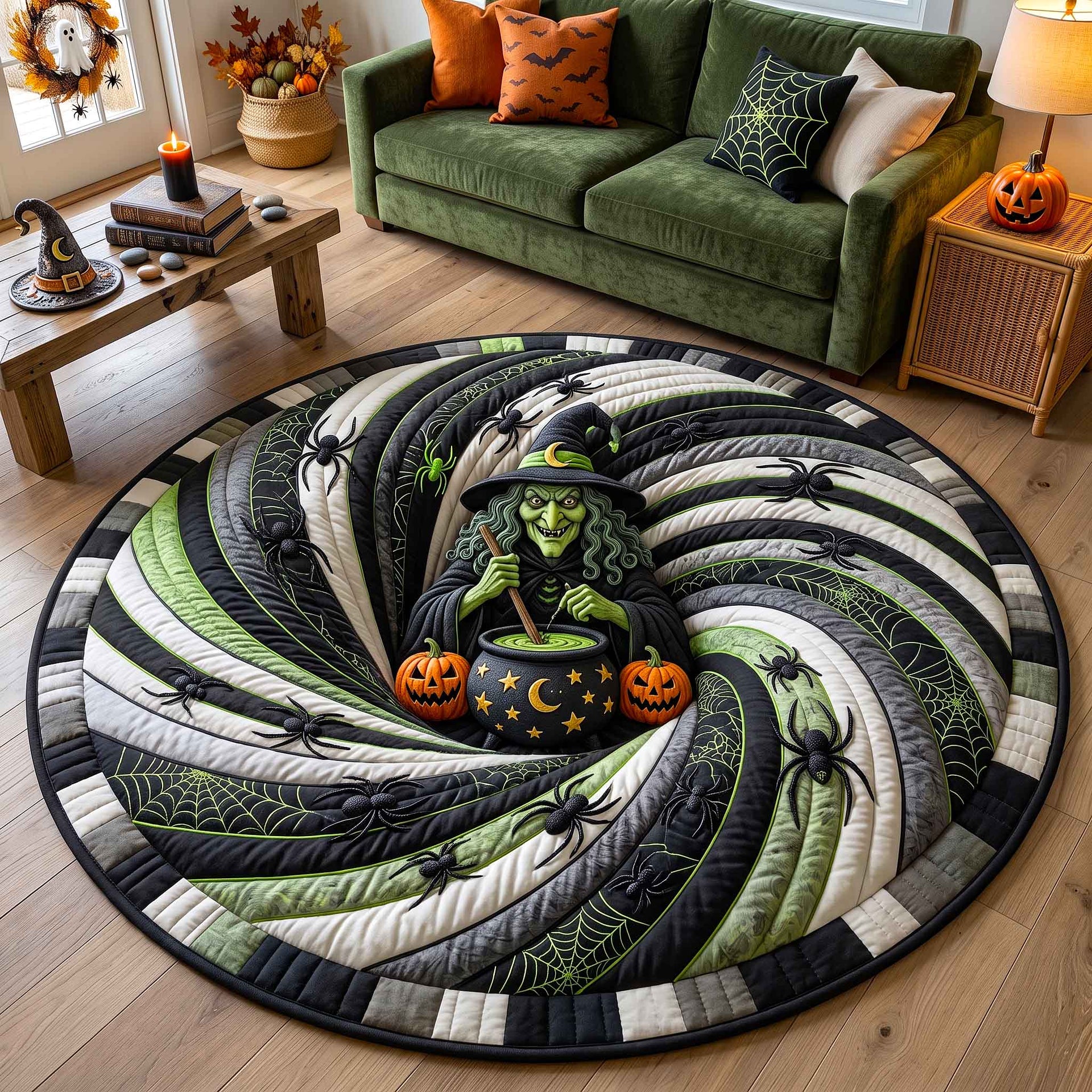 Wicked Witch Quilted Round Mat Witch And Pumpkins Round Rug Halloween Gifts For Sister