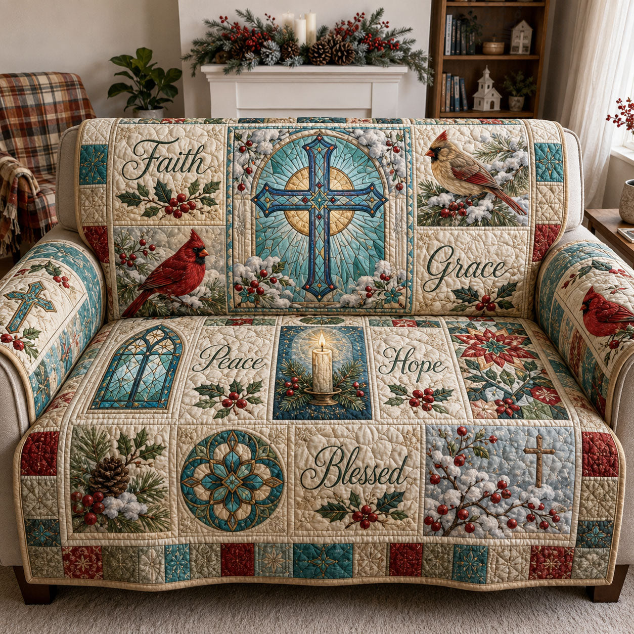 Winter Cardinal Faith And Grace Quilted Sofa Cover Cardinal Blessing Couch Cover Home Gift