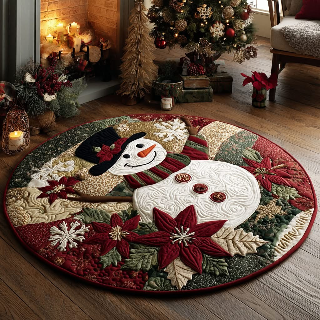 Winter Snowman Delight Christmas Quilted Round Mat Xmas Holiday Circle Rug Carpet Decor
