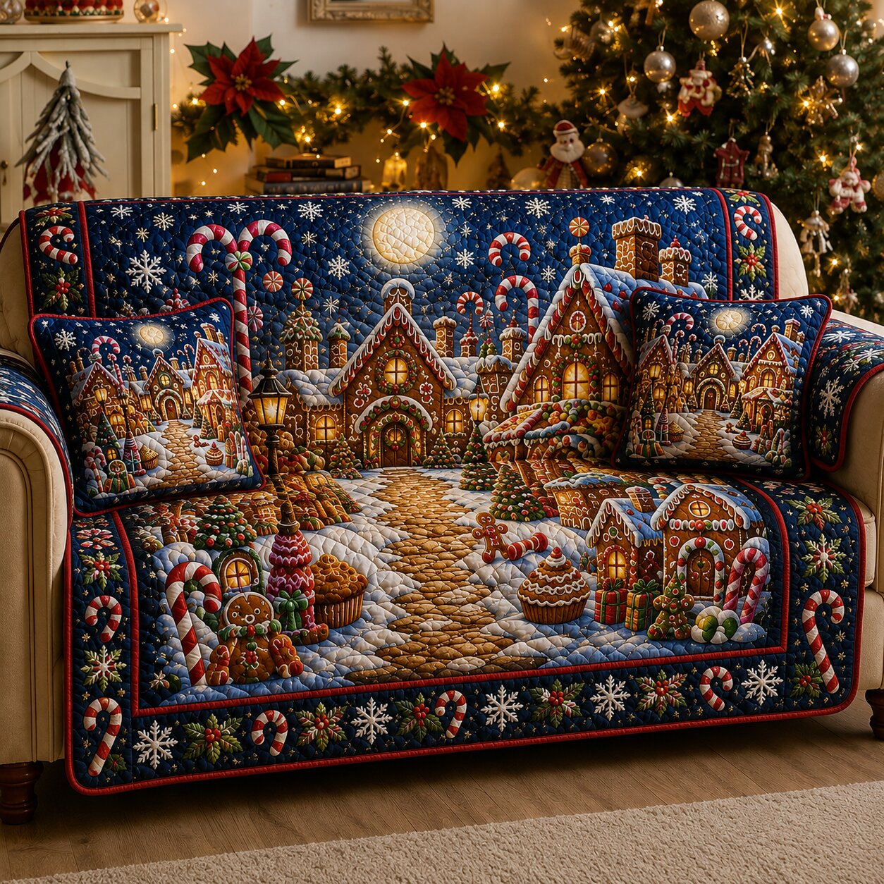 Winter Village Quilted Sofa Cover Village Lights Couch Cover Best Decor Gift