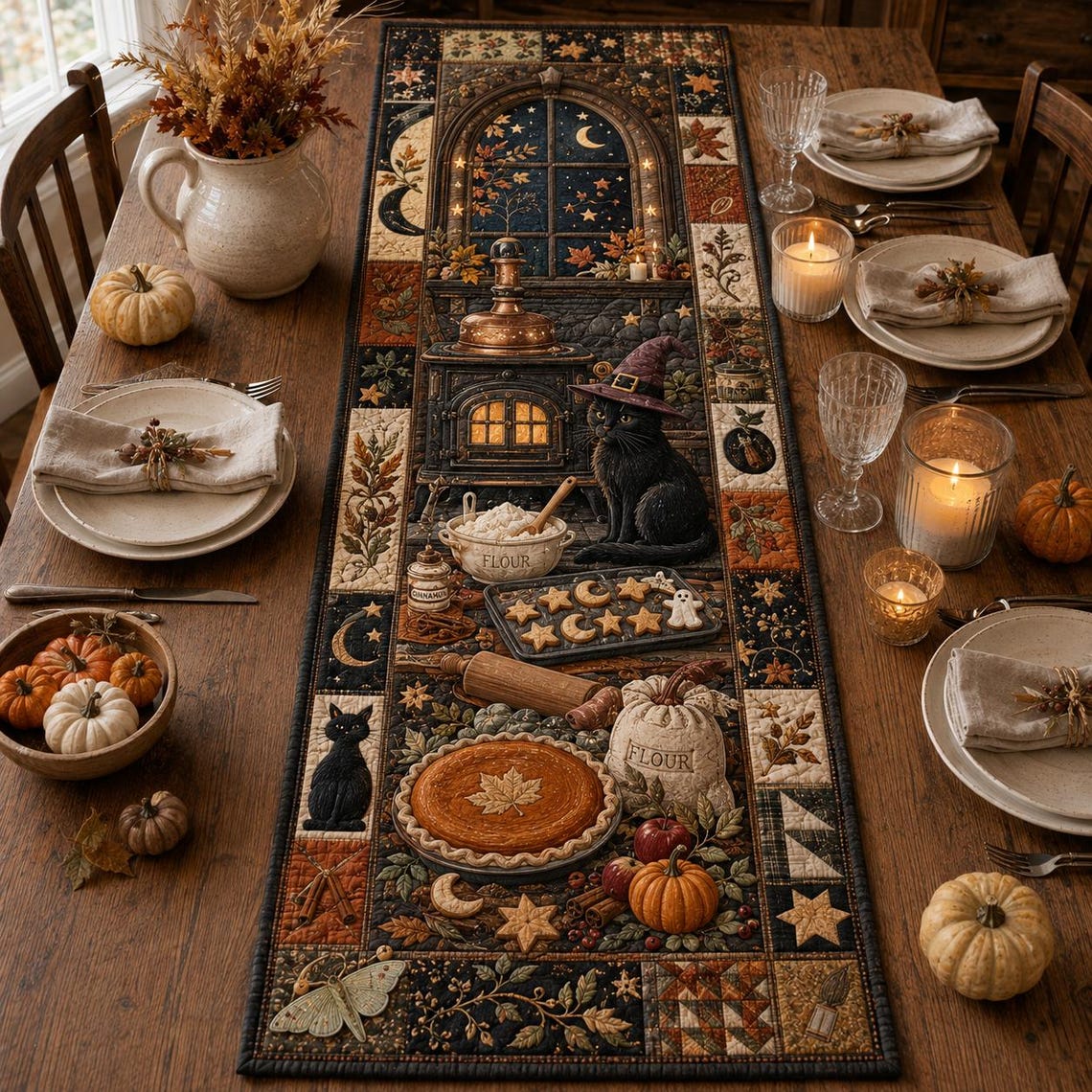 Witch Cat Kitchen Quilt Table Runner Fall Decor Halloween Merch Gift For Autumn