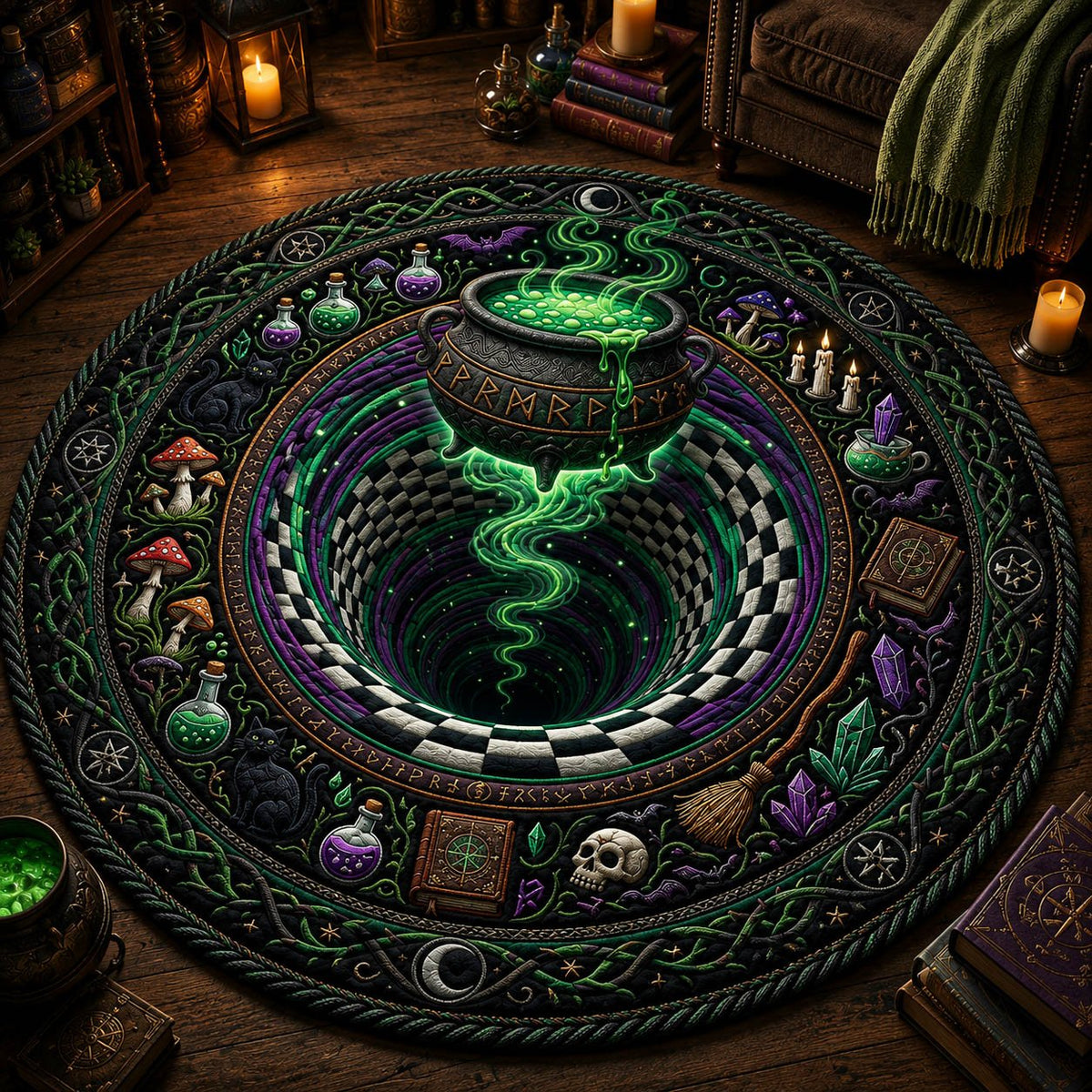 Witch Cauldron Vortex Halloween Quilted Round Mat Gothic Magic Round Rug Gifts For Men