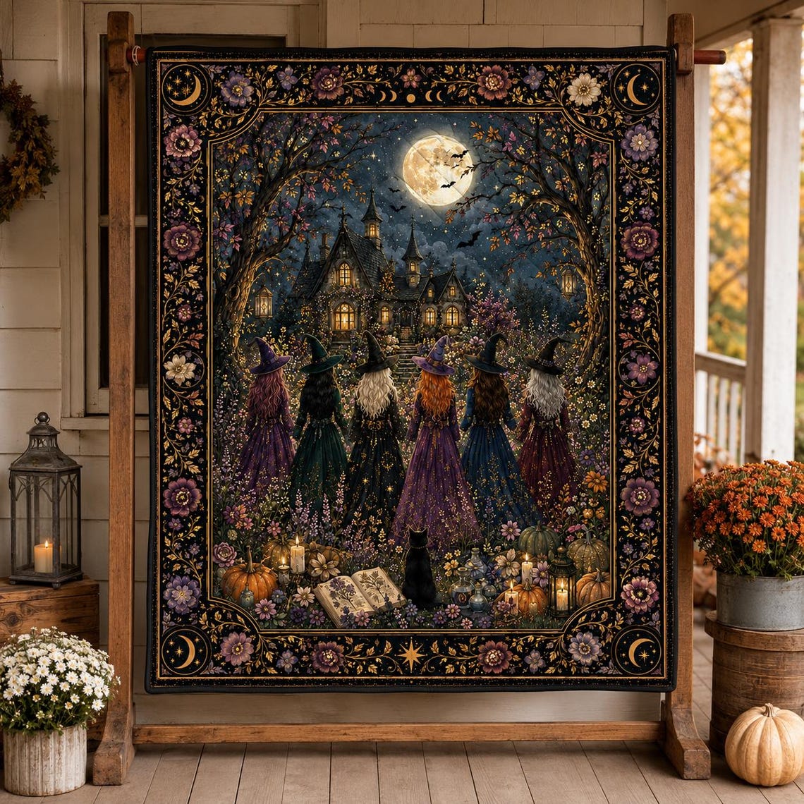 Witch Coven Quilt Blanket Gothic Halloween Throw Haunted House Floral Gift