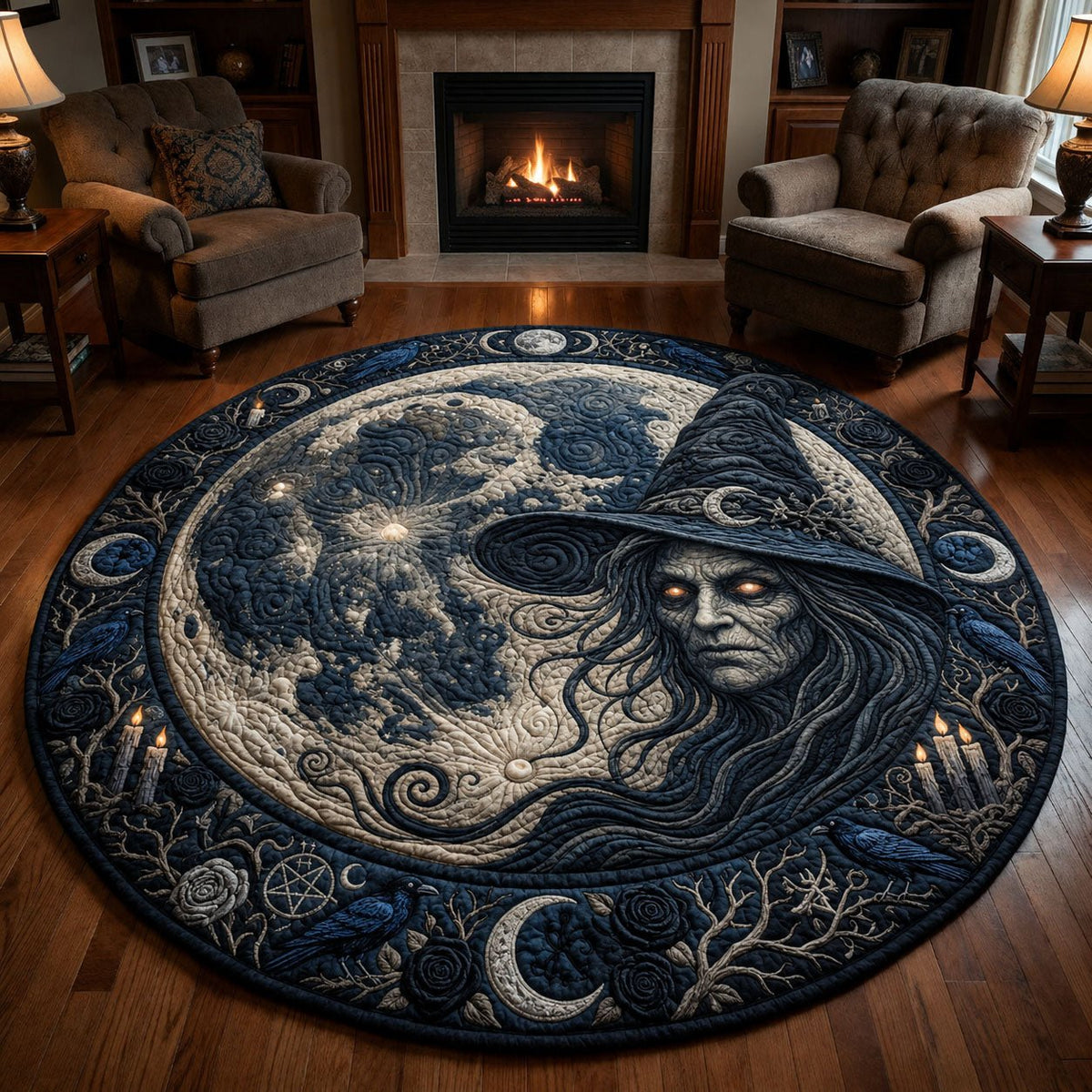 Witch Full Moon Halloween Quilted Round Mat Moon Witch Merch Halloween Birthday Gifts