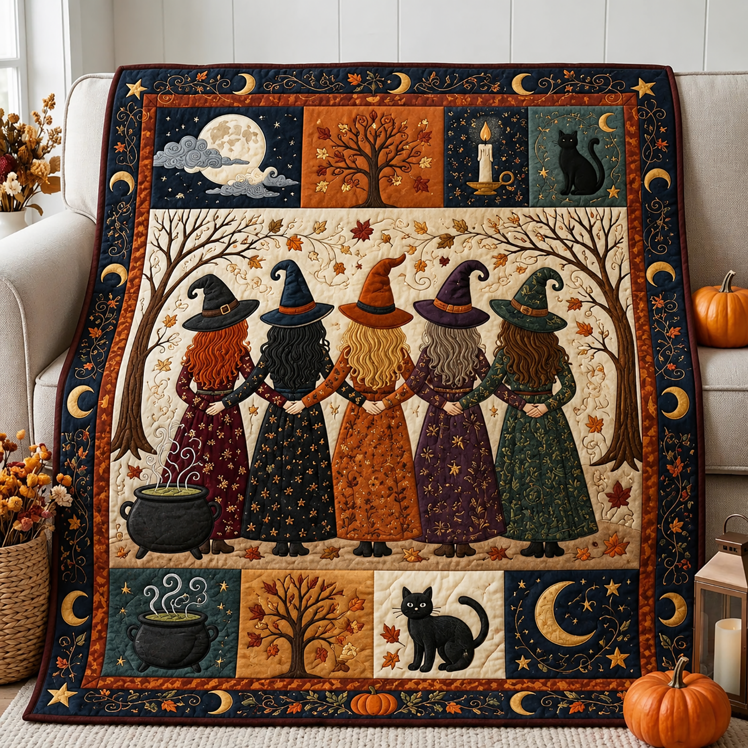 Witch Halloween Quilt Blanket Witches Holding Hands Throw Cozy Halloween Gift