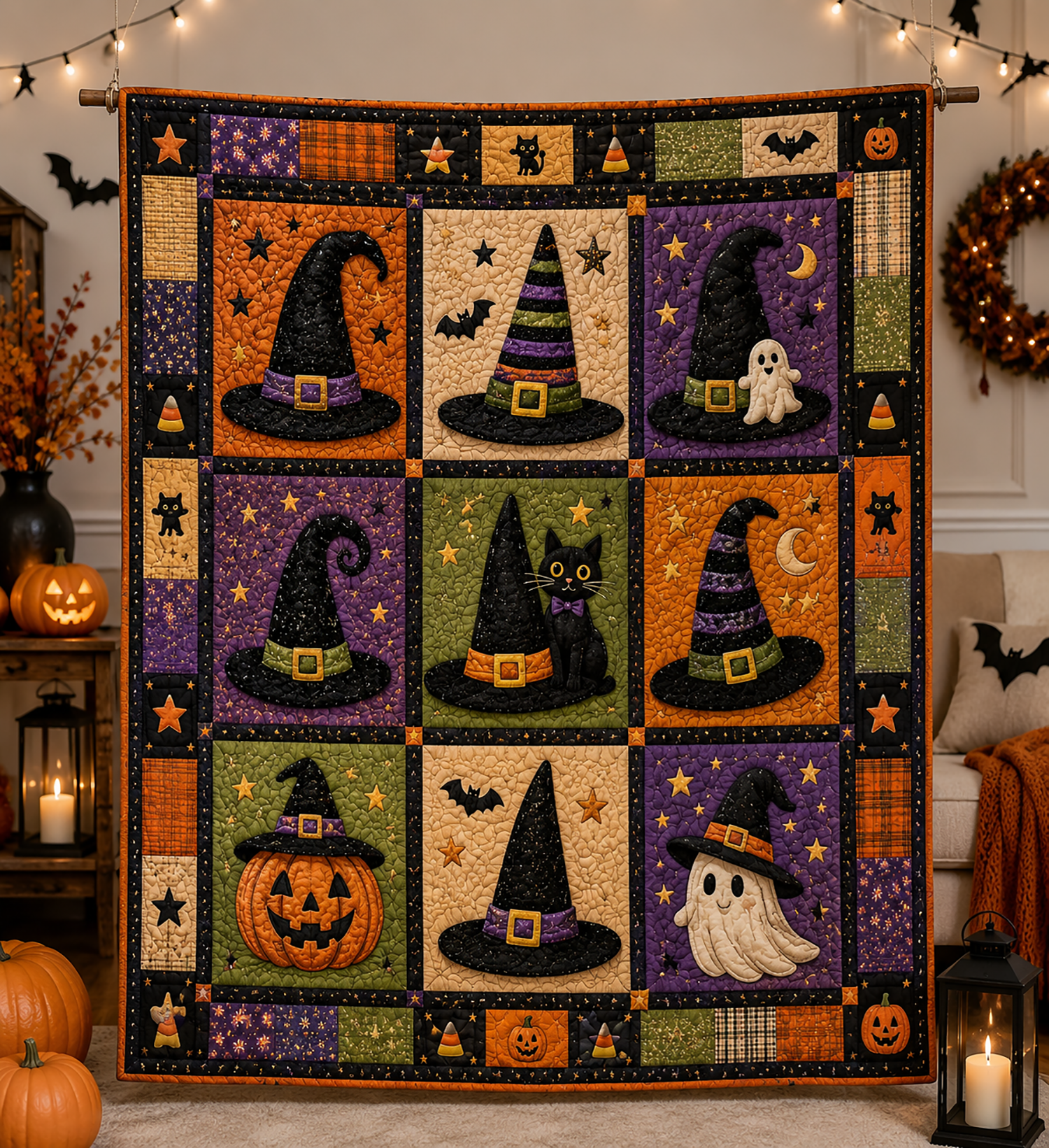 Witch Hat Halloween Quilt Blanket Spooky Black Cat Throw Trick Or Treat Decor Gift For Her