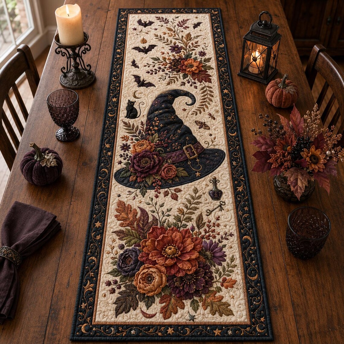 Witch Hat Halloween Quilt Table Runner Autumn Holiday Merch Gift For Autumn