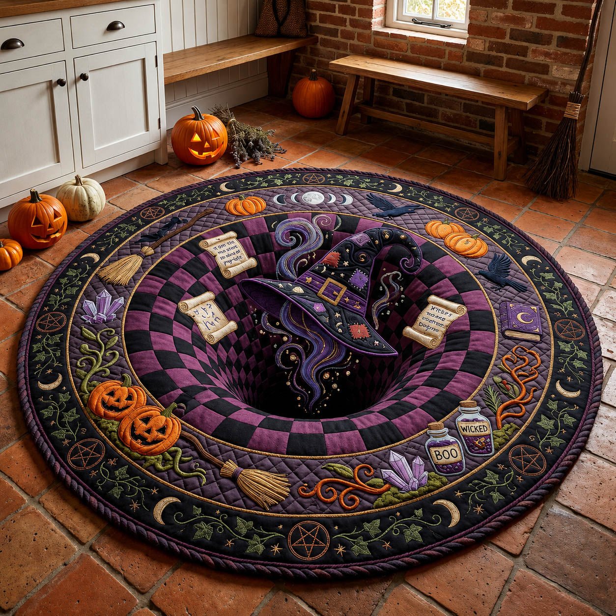 Witch Hat Vortex Halloween Quilted Round Mat Witchcraft Magic Spell Round Area Rug Gifts