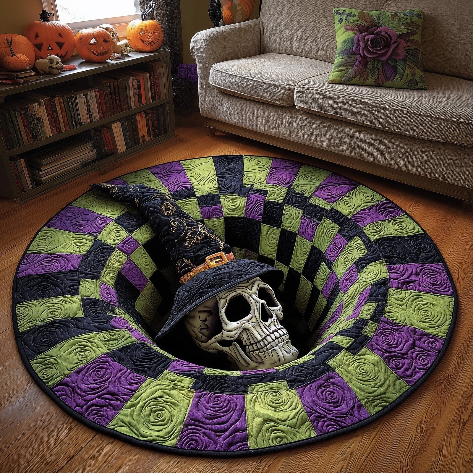 Witch Skull Vortex Quilted Round Mat Haunted Bone Round Rug Gift Ideas For Men