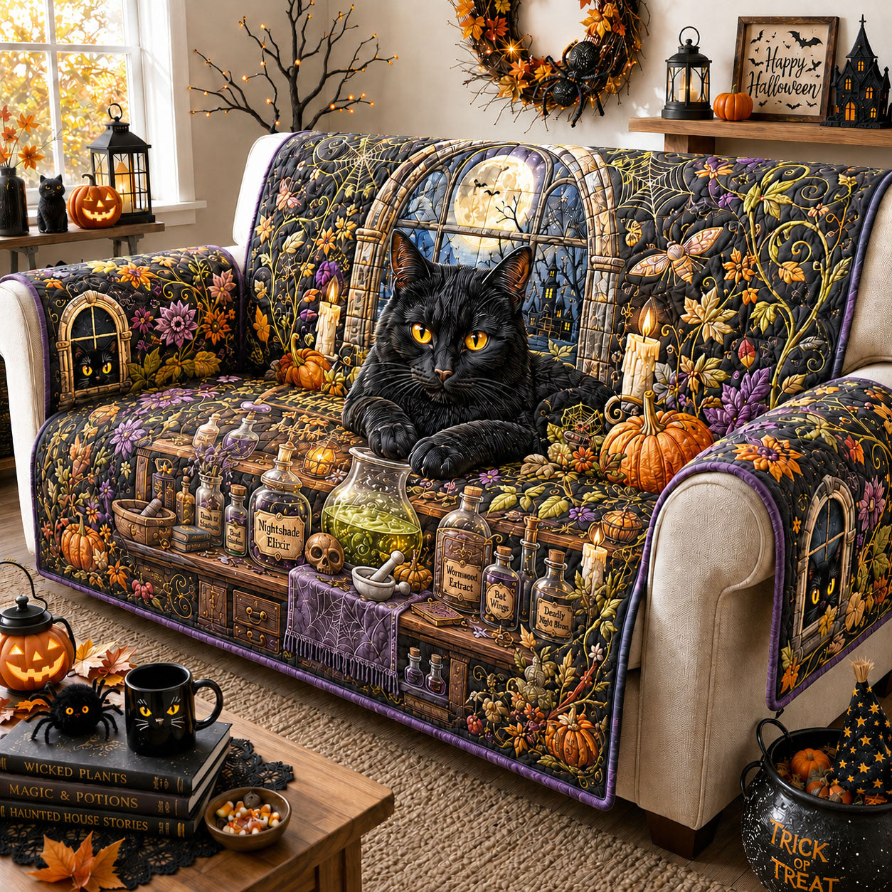 Witchcraft Potion Cat Workshop Quilted Sofa Cover Witchy Night Couch Cover Home Gifts For Him