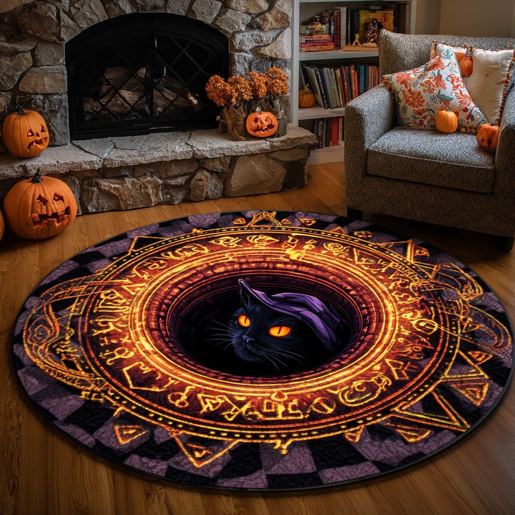 Witchfire Glow Halloween Quilted Round Mat Black Cat Magic Merch Halloween Home Gifts Her