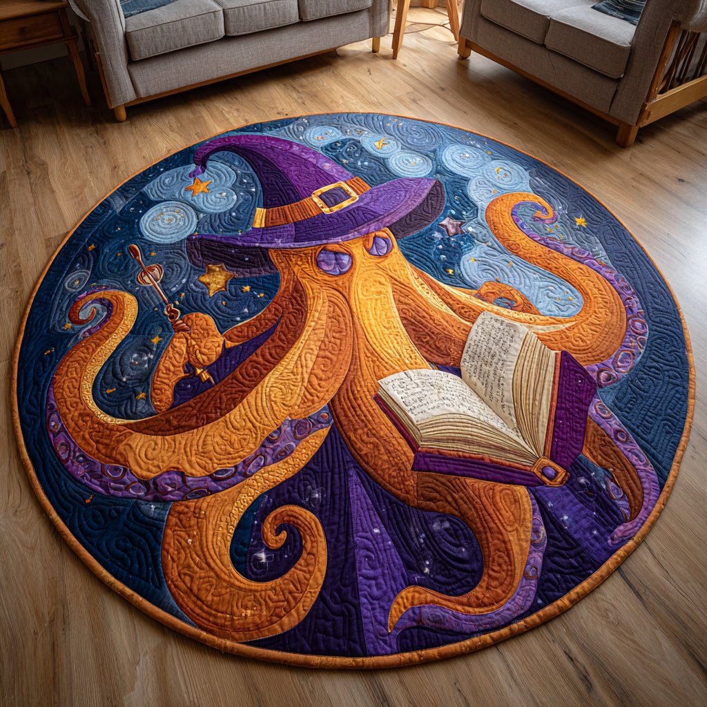 Witching Octopus Halloween Quilted Round Mat Wizard Octopus Reading Round Rug Spooky Decor Gift