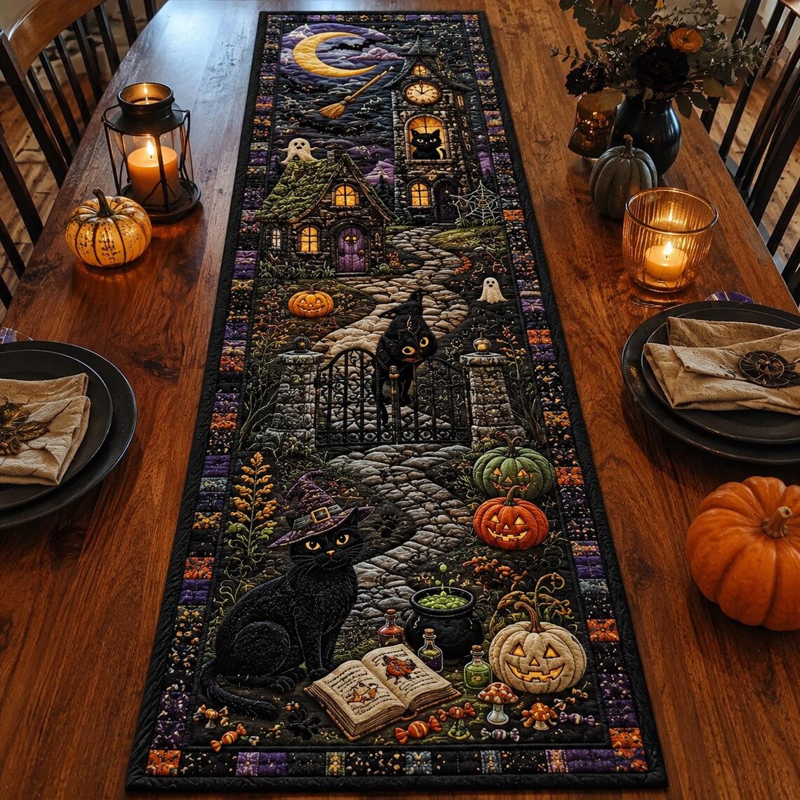 Witchy Black Cat Quilt Table Runner Halloween Pumpkin Merch Gift For Autumn