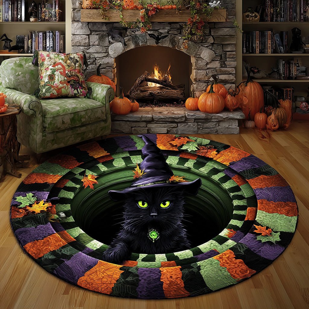 Witchy Whiskers Halloween Quilted Round Mat Witch Cat Halloween Round Rug Cool Halloween Decor