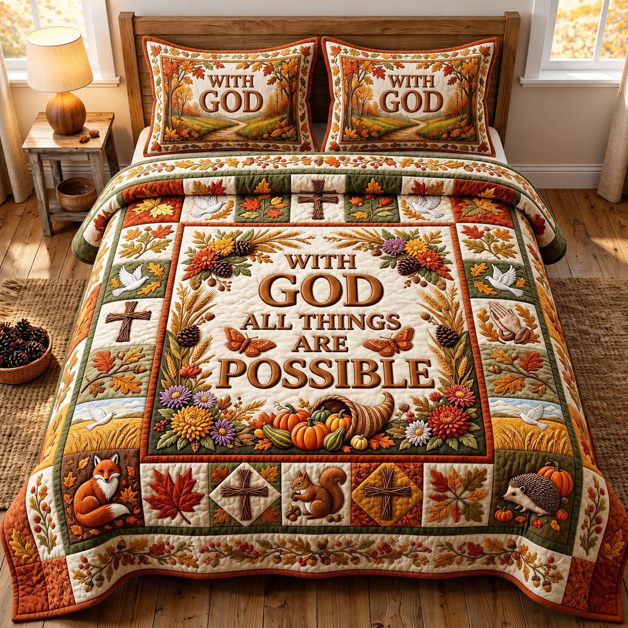 With God All Things Are Possible Quilt Bedding Set Autumn Forest Animals Pumpkin Cross Bedroom Decor
