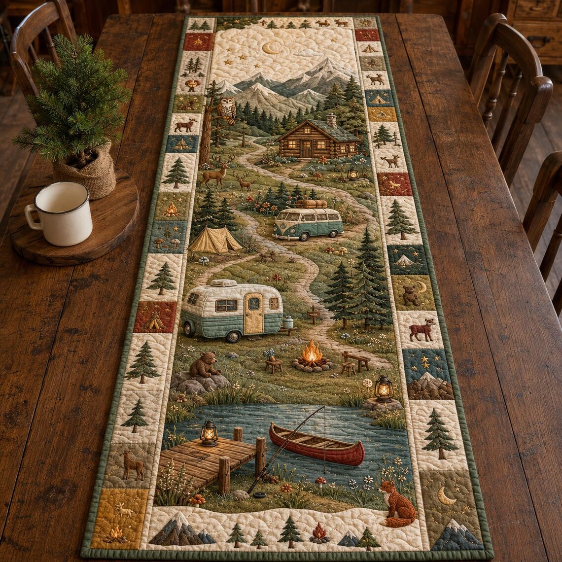 Woodland Camping Scene Quilt Table Runner Mountain Lodge Merch Gift For Fall