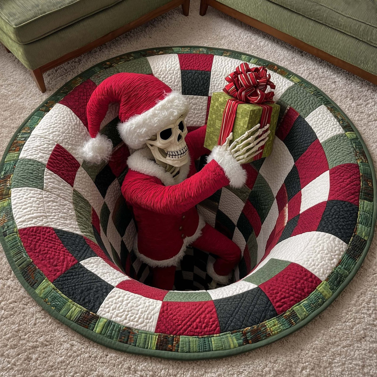 Yuletide Skeleton Halloween Quilted Round Mat Skeleton Santa Gift Round Rug Room Gift