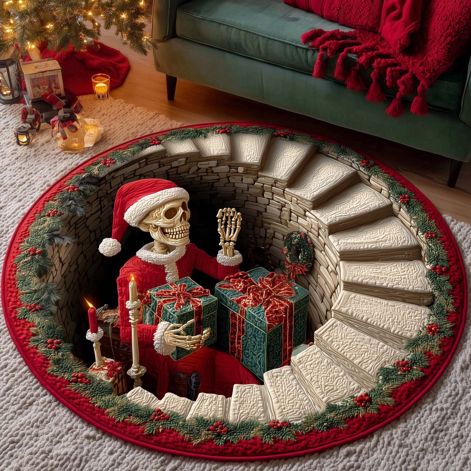 Yuletide Skeleton Halloween Quilted Round Mat Skeleton Santa Gifts Round Rug Spooky Decor Gift