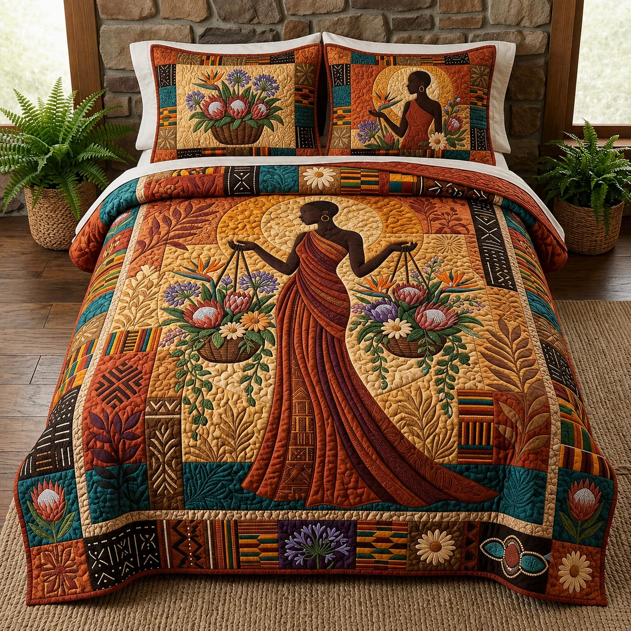 African Queen Quilted Bedding Set African Heritage Coverlet Set Room Gift For Her