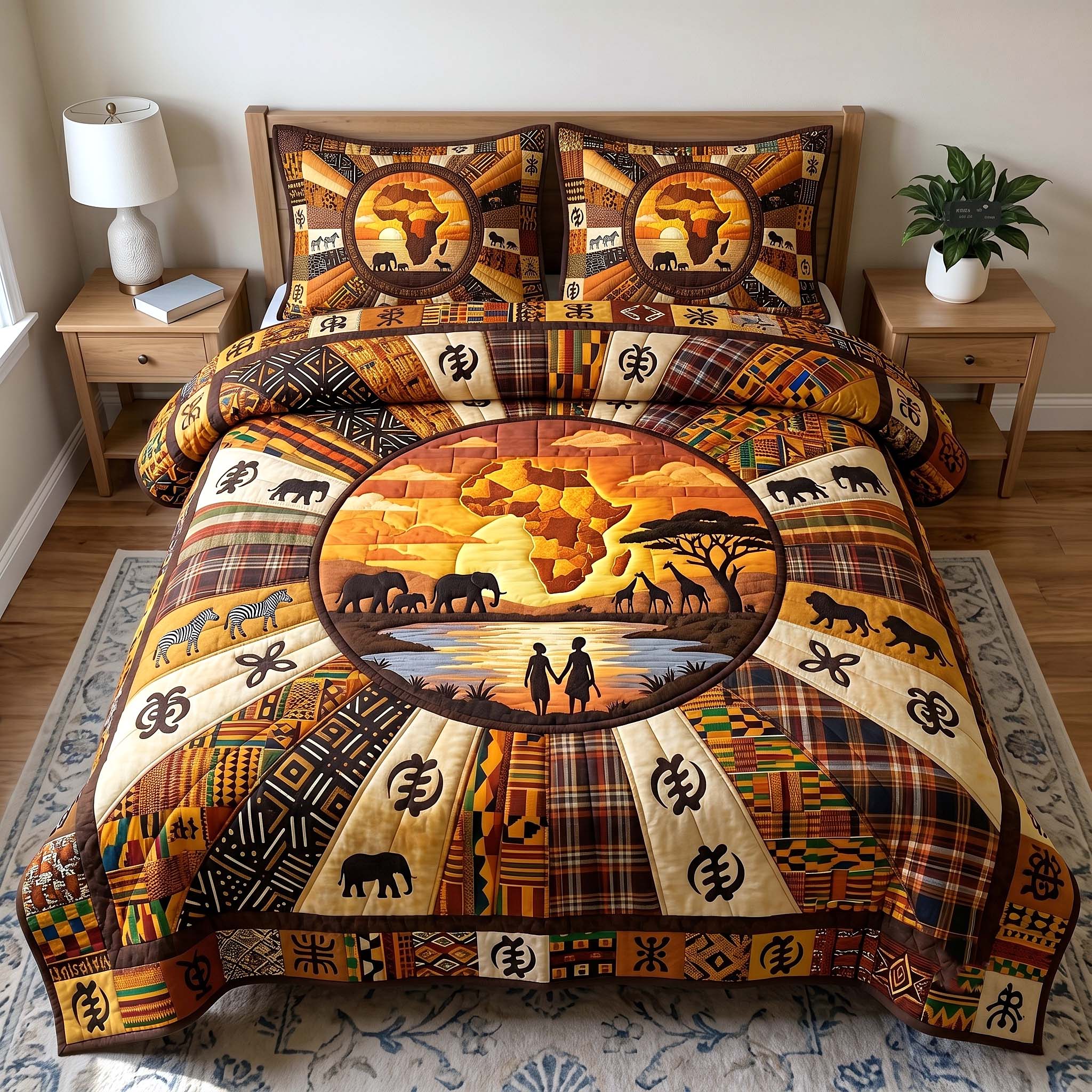 African Roots Quilted Bedding Set African Heritage Coverlet Set Room Gift For Him