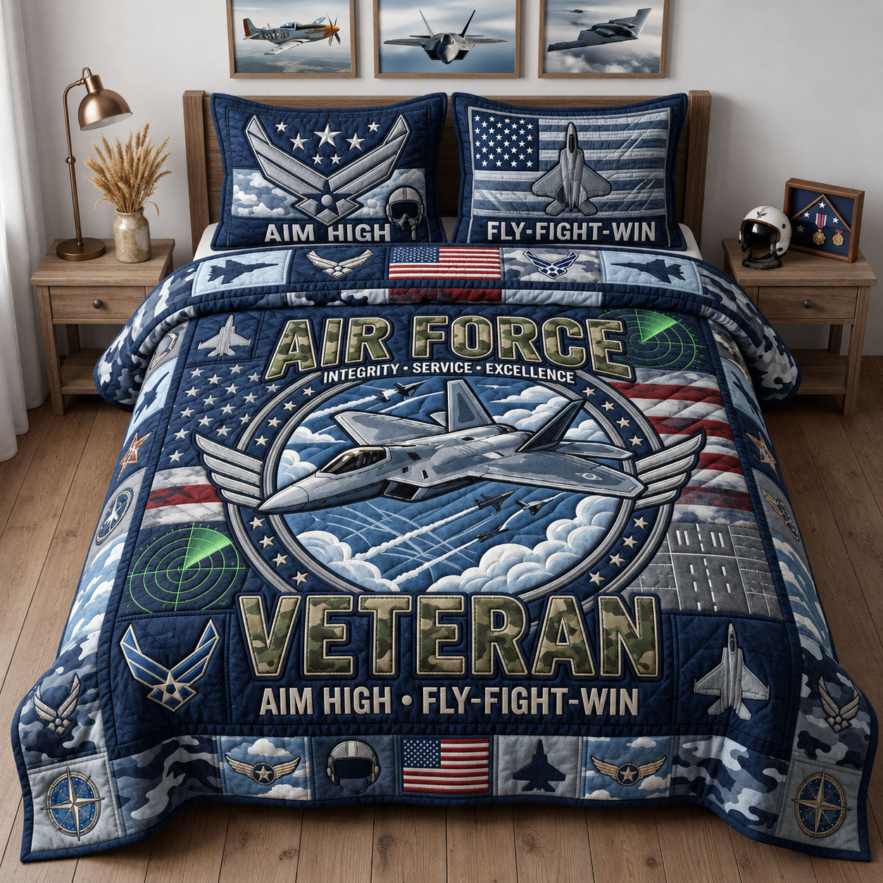 Air Force Veteran Quilted Bedding Set Military Patriotic Coverlet Set Perfect Housewarming Gift