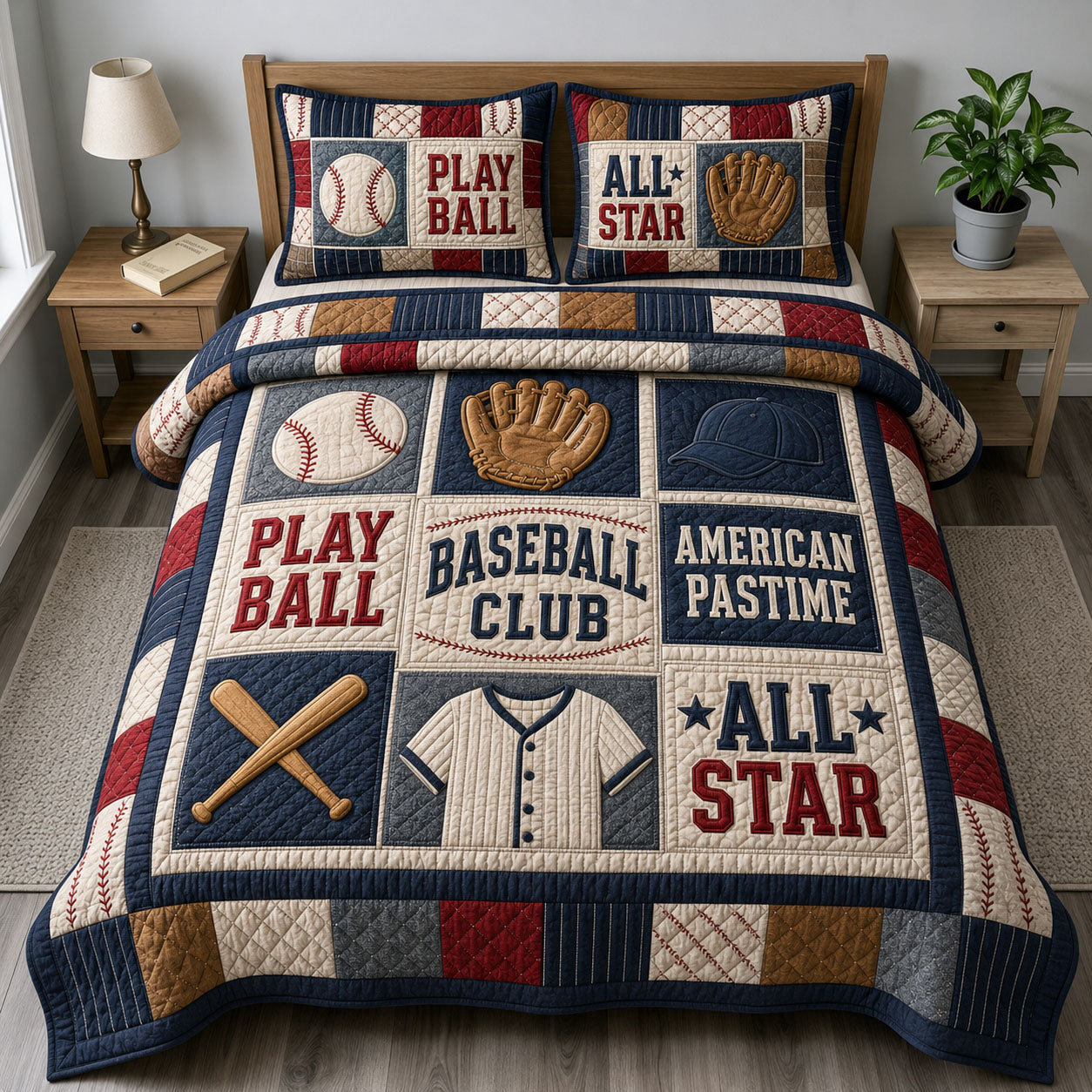 American Pastime Baseball Club Quilted Bedding Set Baseball Fan Coverlet Set Great Gift