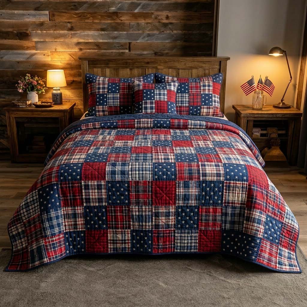 Americana Star Quilted Bedding Set Patriotic America Coverlet Set Cool Room Decor Gifts