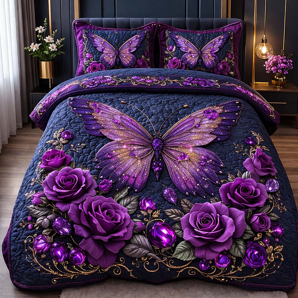 Amethyst Butterfly Quilted Bedding Set Butterfly Lover Coverlet Set Great Gift Ideas