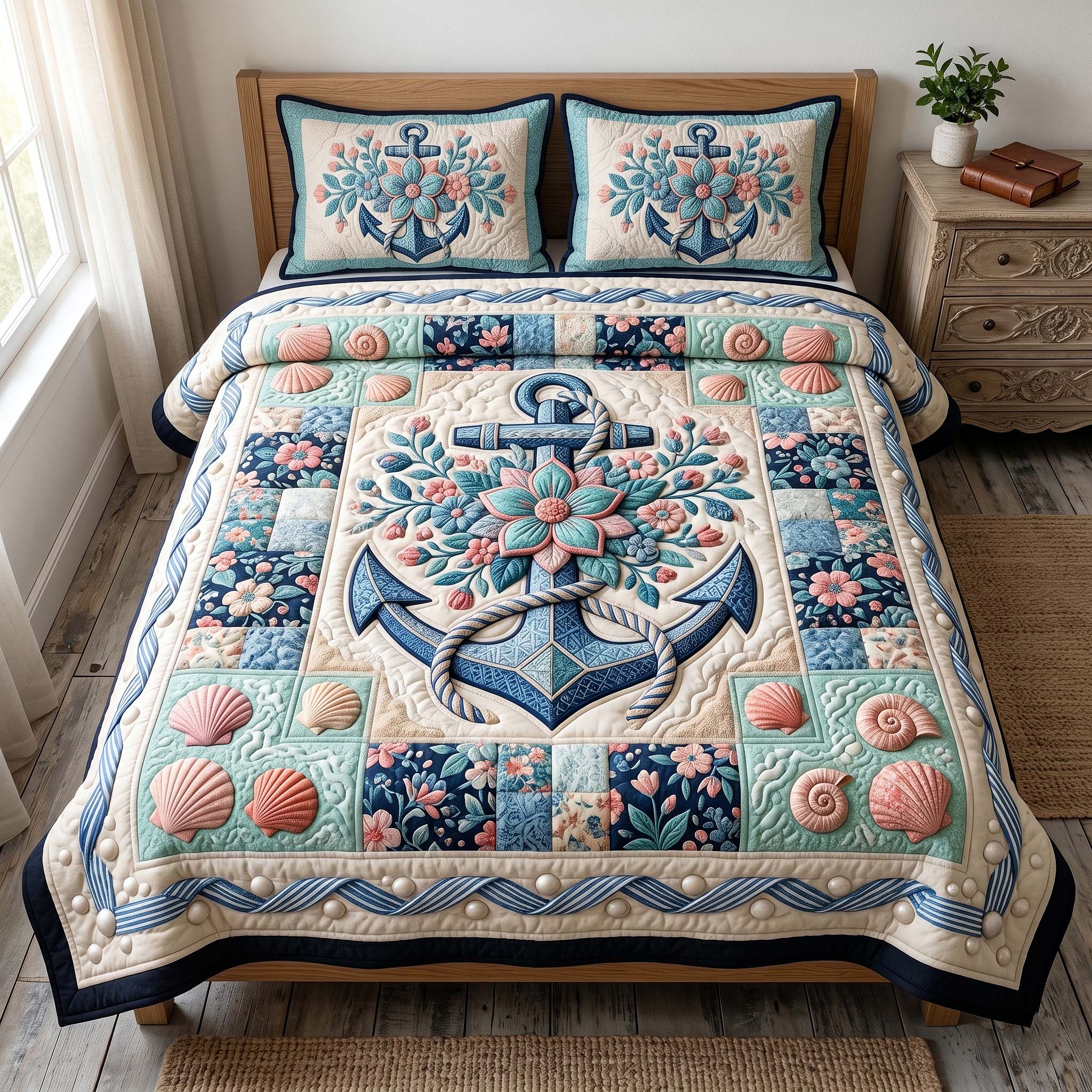 Anchor Breeze Quilted Bedding Set Nautical Anchor Coverlet Set Gift For Home Decorators