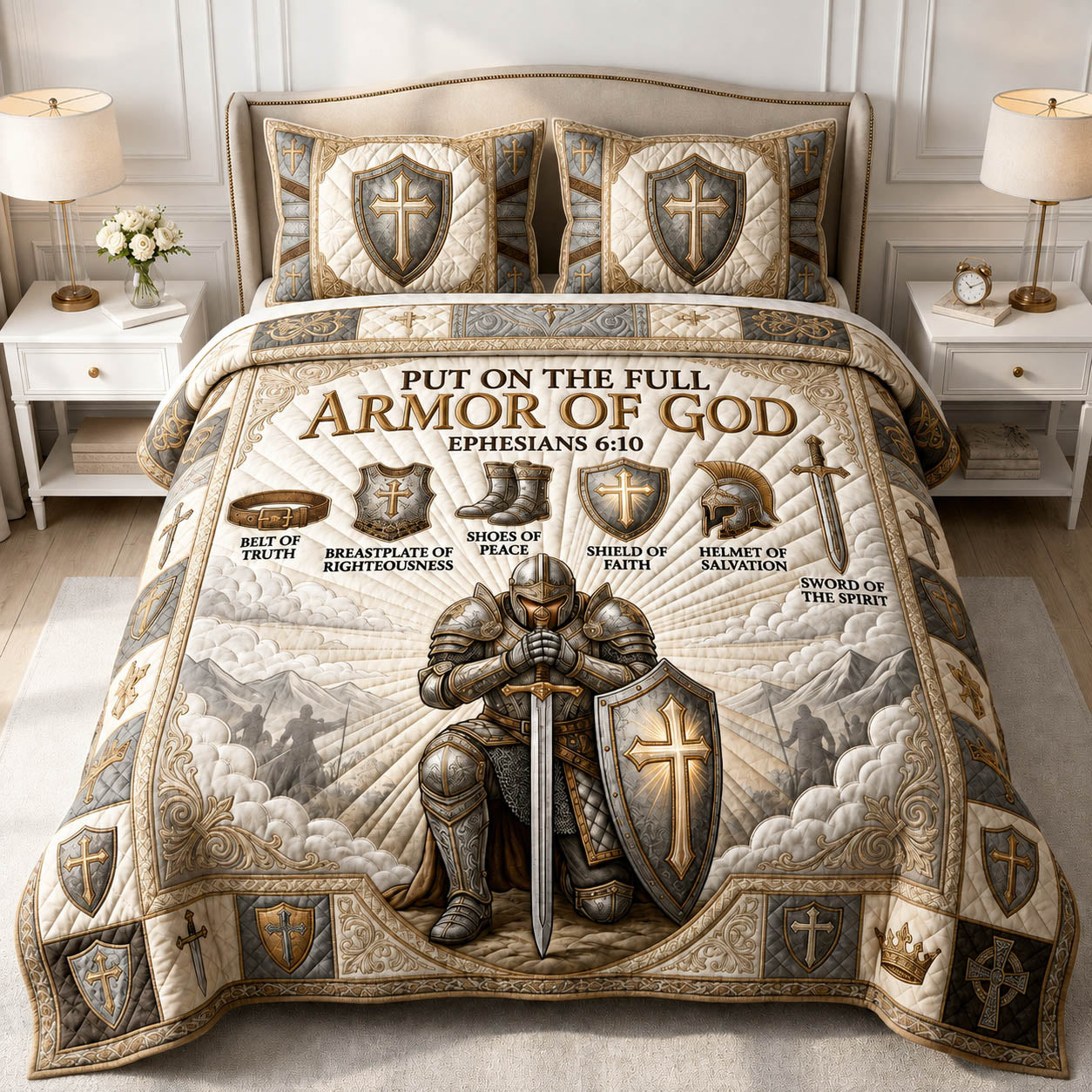 Armor Of God Quilted Bedding Set Christian Warrior Coverlet Set Cozy Home Decor Gifts