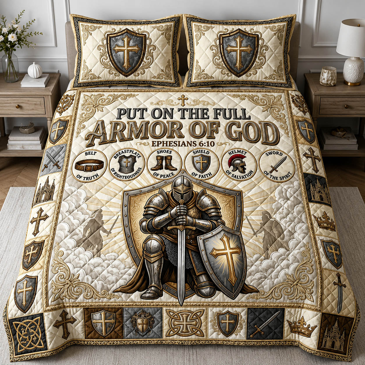 Armor Of God Quilted Bedding Set Christian Warrior Coverlet Set Gift For Home Lover