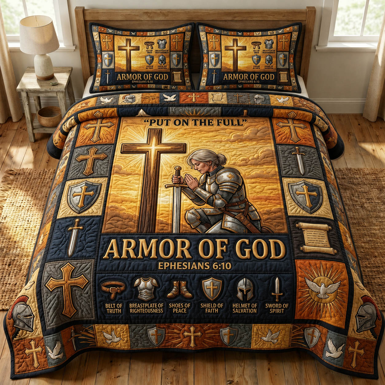 Armor Of God Quilted Bedding Set Christian Warrior Coverlet Set Gift For Living Room