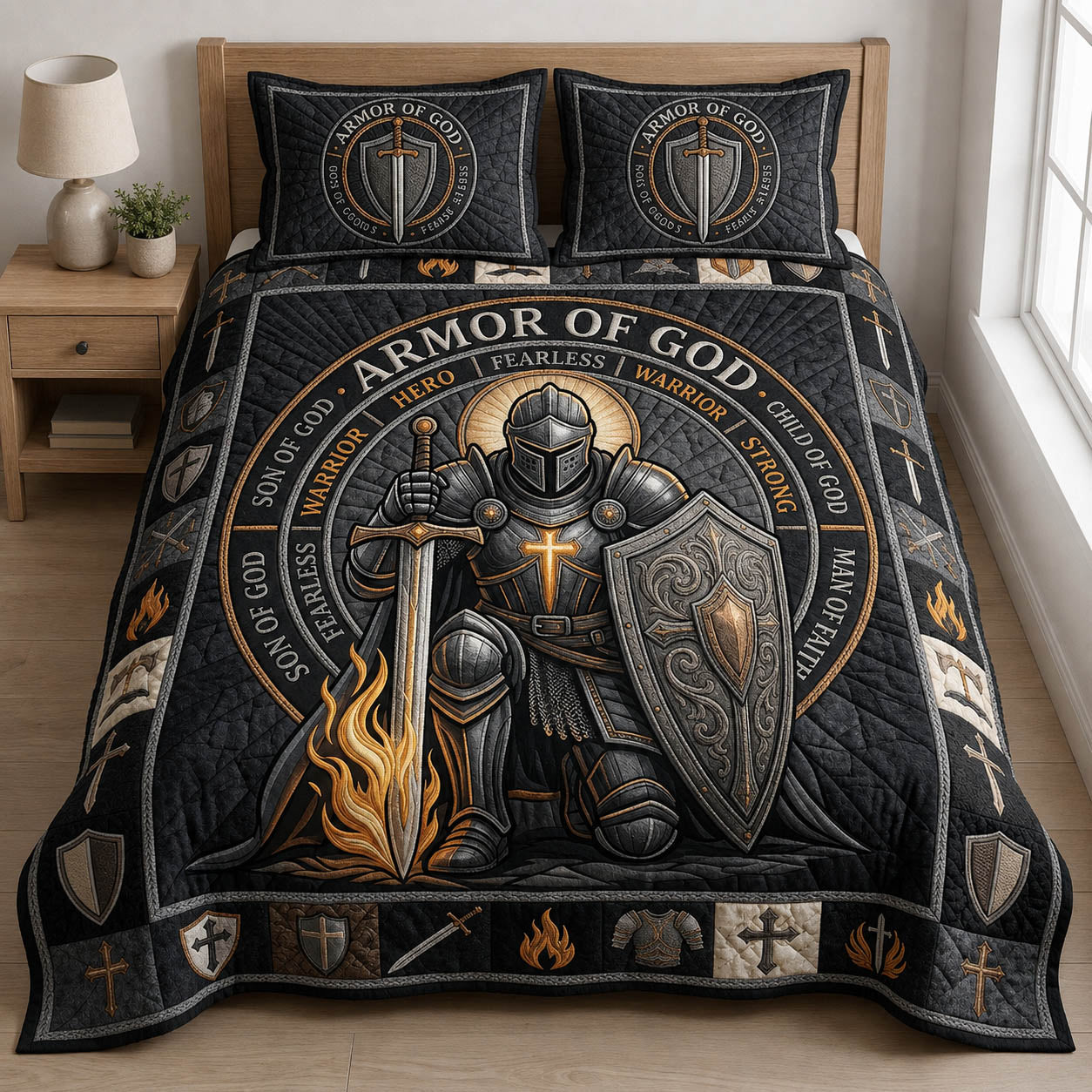 Armor Of God Quilted Bedding Set Christian Warrior Coverlet Set Housewarming Gift