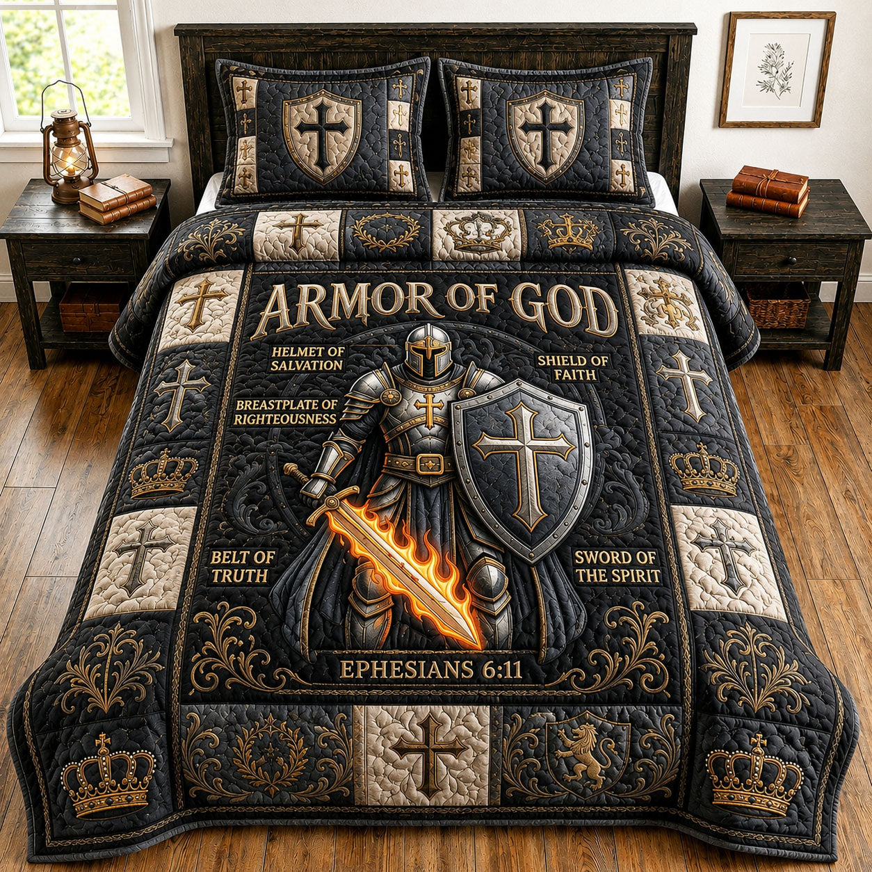 Armor Of God Quilted Bedding Set Christian Warrior Coverlet Set Present For Home Lovers